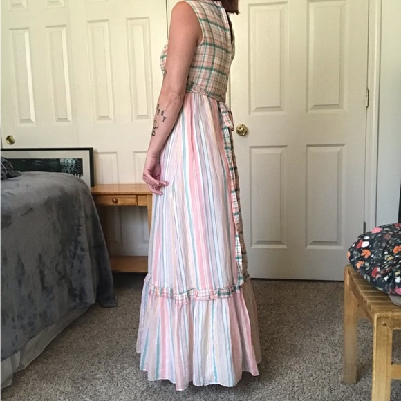 Vintage 1970’s Jody T California Pastel Ruched Lattice Tie Maxi Princess Dress - Picture 5 of 13